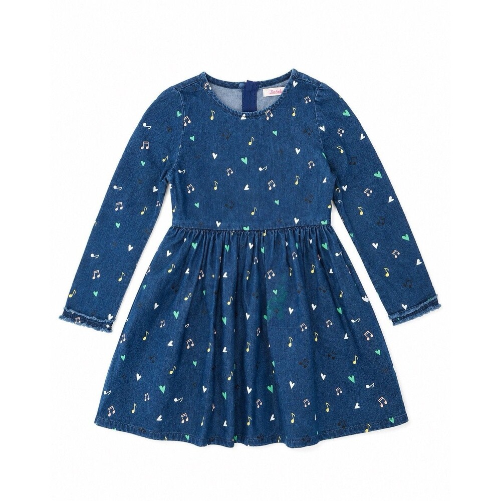 Girls Denim Music Note Dress Size 140 Blue Long Sleeve Skater Dress